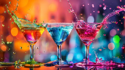 colorful cocktail splashes in a martini glass on bar counter with a blur background