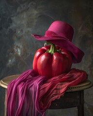 Poster - Red bell pepper wearing a pink hat. AI.