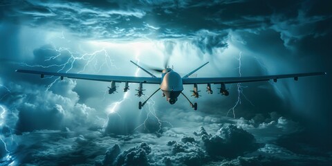 A military drone flies through a stormy sky. AI.