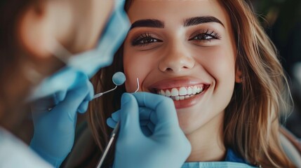 Young beautiful woman having her teeth examined during dental appointment at dentist's office