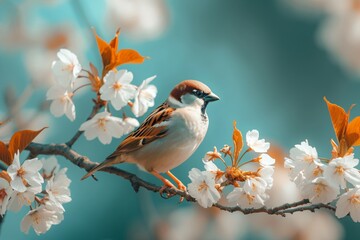 Naklejka na meble Floral background with little sparrow bird perching on branch of blossom cherry tree with flowers in spring garden. Beauty of the nature. Ornithology and birdwatching. Romantic springtime concept