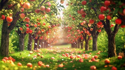 Poster - A picturesque view of a pathway lined with apple trees laden with ripe fruit. Generative AI