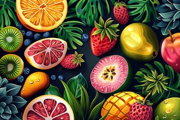 Aufkleber - A colorful illustration featuring a variety of tropical fruits, including orange, kiwi, grapefruit, strawberry, mango, and apple, surrounded by lush green leaves. Generative AI