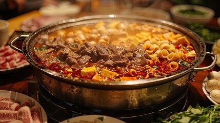 Sticker - A large pot of food with meat and noodles in it. The pot is on a table with other food items