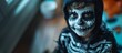 © HikikomorAI - Smiling Child with Skull Face Paint and Skeleton Costume, Inside Room, Halloween Attire, Copy Space