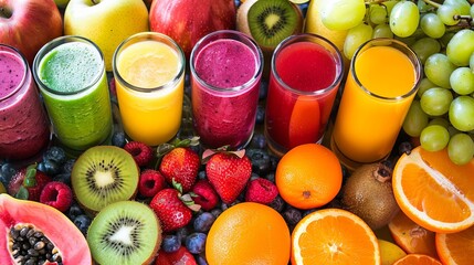 Aufkleber - Five colorful fruit juices made from different fruits are displayed next to various fruits and berries like papaya, kiwi, strawberries, blueberries, oranges, and raspberries. Generative AI