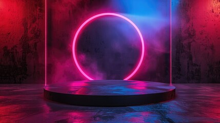 Wall Mural - Futuristic podium neon circle in a textured urban environment, suitable for modern artistic installations and vibrant displays