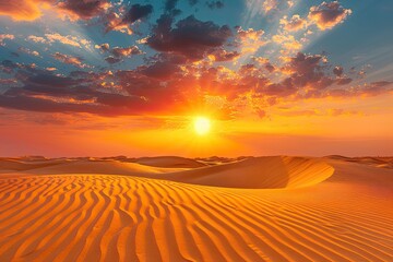 A desert landscape with a sun setting in the background. The sky is filled with clouds, creating a moody atmosphere