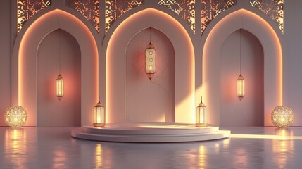 Wall Mural - Modern stage with Arabic design and soft lighting, ideal for elegant cultural presentations or islamic background