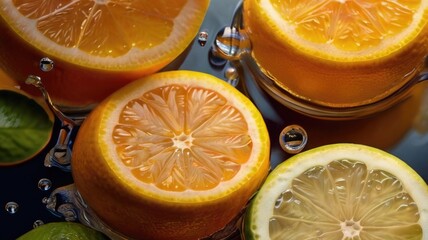 orange slices are being splashed into water