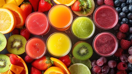 Aufkleber - A top view of a variety of fresh fruit juices, surrounded by fresh fruits like strawberries, kiwi, oranges, blueberries, and raspberries. Generative AI
