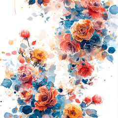 Wall Mural - Aqua petals and orange leaves create a floral masterpiece on white canvas