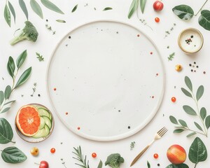 Empty plate on a white background surrounded by fresh vegetables, herbs, and fruits in a flat lay arrangement.