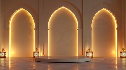 Elegant Islamic background with podium, arches and lanterns for Ramadan Kareem or Eid Mubarak.