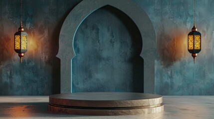 Wall Mural - Empty podium with traditional Islamic arch and lanterns, perfect backdrop for Ramadan or Eid Mubarak celebrations. Islamic background, product display with copy space.