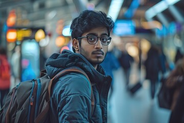 Wall Mural - A man wearing glasses and a black jacket is standing in a busy area with a backpack on. He looks tired and is looking at the camera