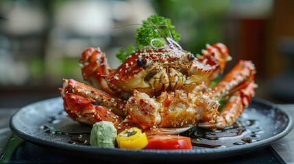 Wall Mural - A plate of food with a crab on top and a green herb. The crab is surrounded by a sauce and a tomato