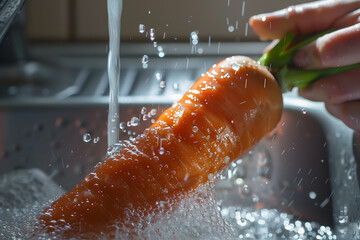 Wall Mural - A person is washing a carrot in a sink. The water is splashing and the carrot is being cleaned