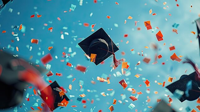 Graduation cap tossed in the air with confetti