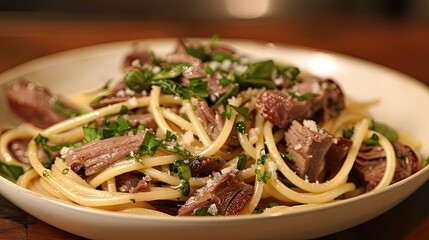 Wall Mural - A plate of pasta with meat and cheese. The pasta is long and the meat is cut into small pieces