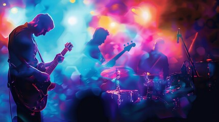 Aufkleber - Silhouettes of a band performing on stage illuminated by colorful lights. Generative AI