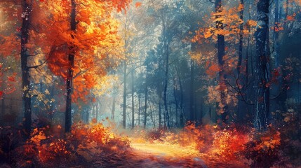 Wall Mural - A painting of a forest with trees in autumn colors. The mood of the painting is serene and peaceful