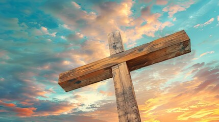 Wall Mural - A 3D illustration depicting a conceptual wooden cross or religious symbol shape set against a sunset sky with clouds background. This image symbolizes themes of God, Christ, 