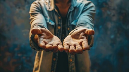 A Christian man with open hands worshiping.