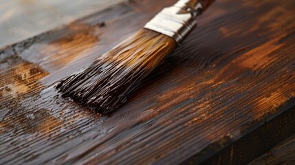 Sticker - Staining a wooden board with dark brown paint Industrial setting and brush application