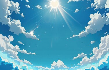 vibrant anime style illustration of a bright blue sky with fluffy white clouds and shining sun. idea