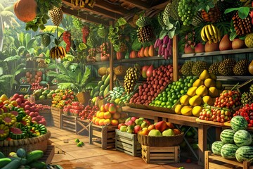 Aufkleber - A colorful array of fresh tropical fruits for sale on a wooden market stall. Generative AI