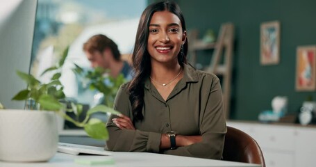Fototapete - Desk, typing and woman with smile, office and online for cold email, portrait and appointment planner. Computer, happy and female employee with keyboard, virtual assistant and schedule of company