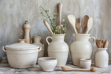 Leinwandbilder - A still life of white ceramic kitchenware with wooden utensils and flowers against a textured wall. Generative AI