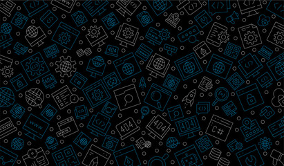 Software development seamless pattern with line icons. Programming language background, application, computer program develop vector illustration. Outline wallpaper for website design.