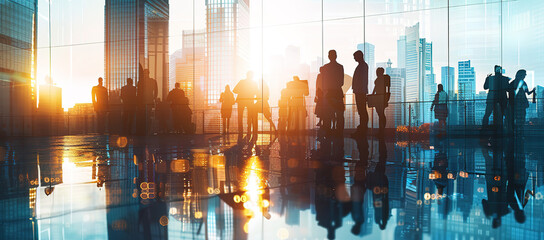 Wall Mural -  Corporate teamwork in urban office with double exposure cityscape, soft daylight, and shadowy silhouettes, representing business collaboration in a modern metropolis