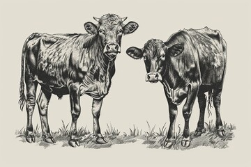 Two cows, one facing the viewer and the other facing away, stand in a grassy field in a black and white pen and ink drawing. Generative AI