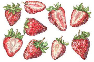 Aufkleber - A watercolor illustration of nine fresh strawberries, some whole and some halved, with a white background. Generative AI