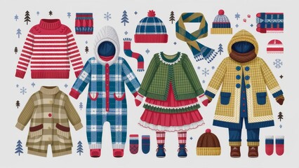 Assorted winter clothing for children, featuring jackets, boots, and gloves, in a detailed vector illustration style