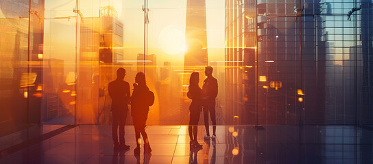 Wall Mural - Corporate dialogue in a light-filled office with a double exposure cityscape, showcasing the blend of business and urban environments.