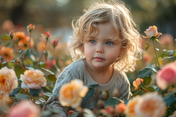 Wall Mural - Little Girl With Blonde Hair Among a Garden of Roses