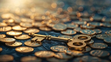 Aufkleber - A single golden key rests on a bed of golden coins, with a soft, golden light highlighting the scene. Generative AI