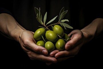 Wall Mural - Fresh Olive fruits. Ripe Olive in hand
