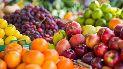 Poster - A vibrant display of fresh fruits and vegetables at a local farmers market, showcasing a variety of colors and textures. Generative AI