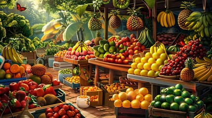 Aufkleber - A vibrant fruit stand overflowing with colorful tropical fruits, surrounded by lush greenery and sunlight. Generative AI