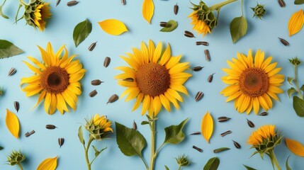 Wall Mural - Sunflowers with seeds on blue backdrop