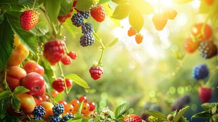 Aufkleber - A close-up image of a bush laden with various berries and peaches in the summer sunshine. Generative AI