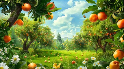 Poster - A picturesque orange grove with ripe fruit hanging from the branches, surrounded by blooming daisies and a bright blue sky with fluffy clouds. Generative AI