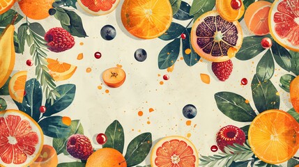 Leinwandbilder - A flat lay image of fresh citrus fruit, berries, and green leaves scattered on a white surface. Generative AI