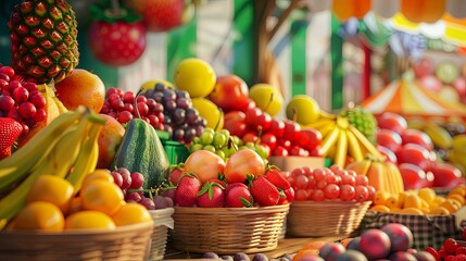 Aufkleber - A vibrant display of fresh fruits in baskets at a market stall. Generative AI