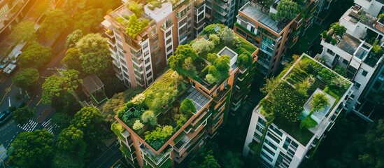 Urban green rooftops with lush plant life at sunset